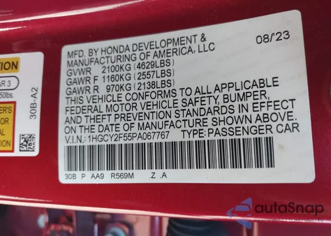 2023 Honda Accord Hybrid Sport z USA, uszkodzony, nr VIN 1HGCY2F55PA067767